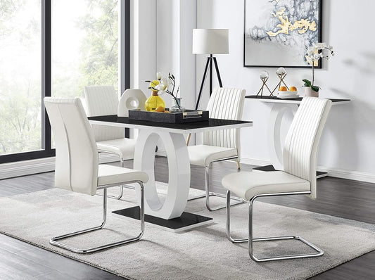 Giovani Black White High Gloss Glass Dining Table and 4 White Lorenzo Chairs Set