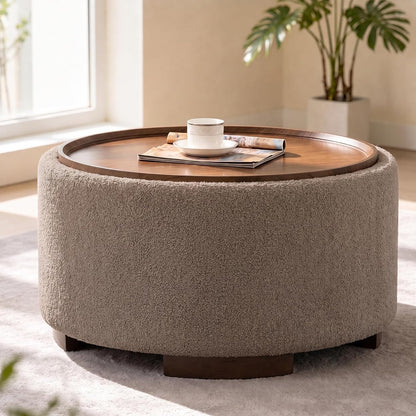 Brown Teddy Round Storage Ottoman Coffee Table with Solid Wood Legs