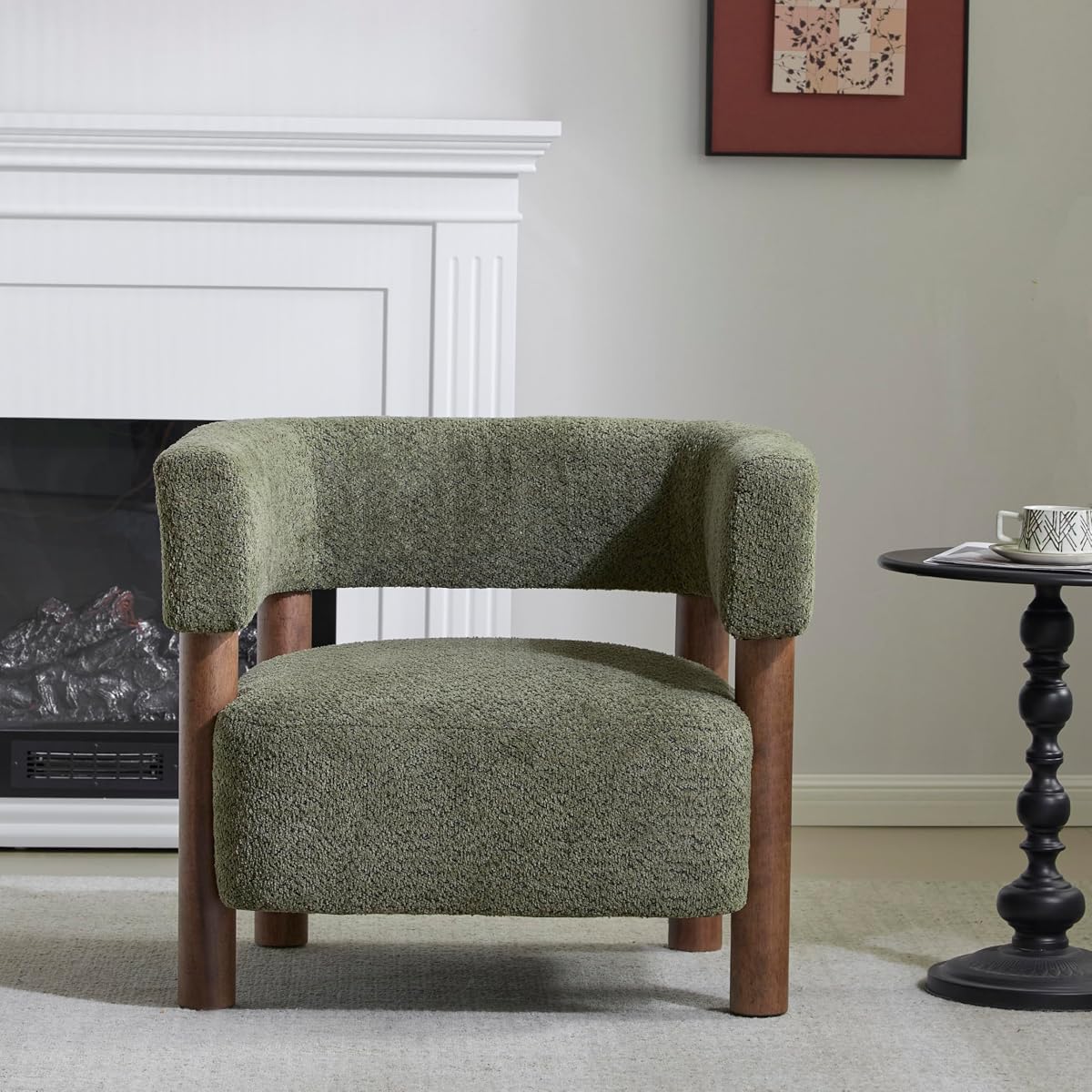 Carly Low Profile Accent Chair, Round Backrest Side Chair, Living Room Armchair with Boucle Fabric Cushion,Comfy Reading Chair for Bedroom,Wooden Single Lounge Sofa,Olive Green