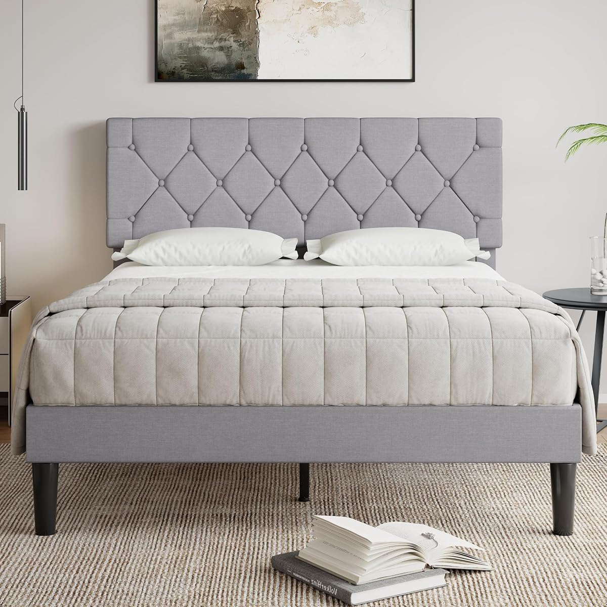Full Bed Frame with Upholstered Tufted Headboard, Grey