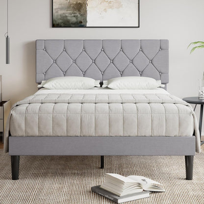 Full Bed Frame with Upholstered Tufted Headboard, Grey