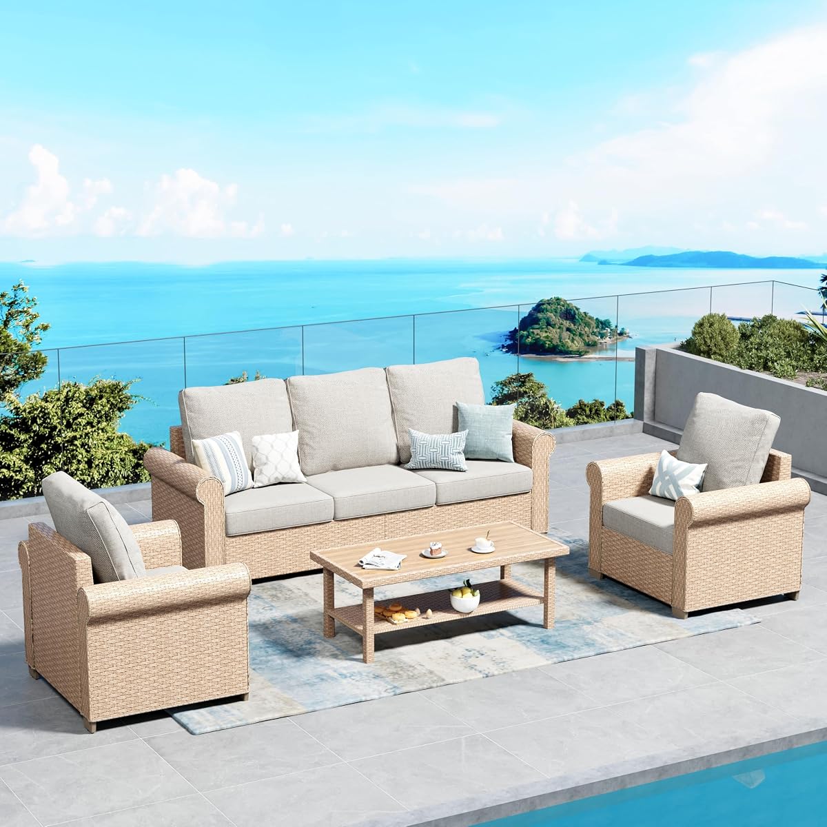 Patio Furniture Set 4 pcs, Wicker Rattan Sofa with 5.5” Thick Waterproof Cushions, 2 Chairs and Coffee Table, All Weather Outdoor Conversation Set for Backyard Deck, 5 Seats Beige