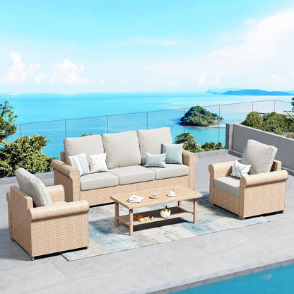 Patio Furniture Set 4 pcs, Wicker Rattan Sofa with 5.5” Thick Waterproof Cushions, 2 Chairs and Coffee Table, All Weather Outdoor Conversation Set for Backyard Deck, 5 Seats Beige