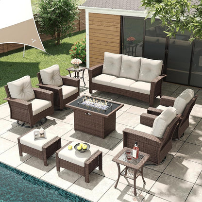 10 Piece Wicker Patio Furniture Set with Fire Pit Table, Classis Outdoor Conversation 360 Degree Swivel Chairs Set with Coffee Table