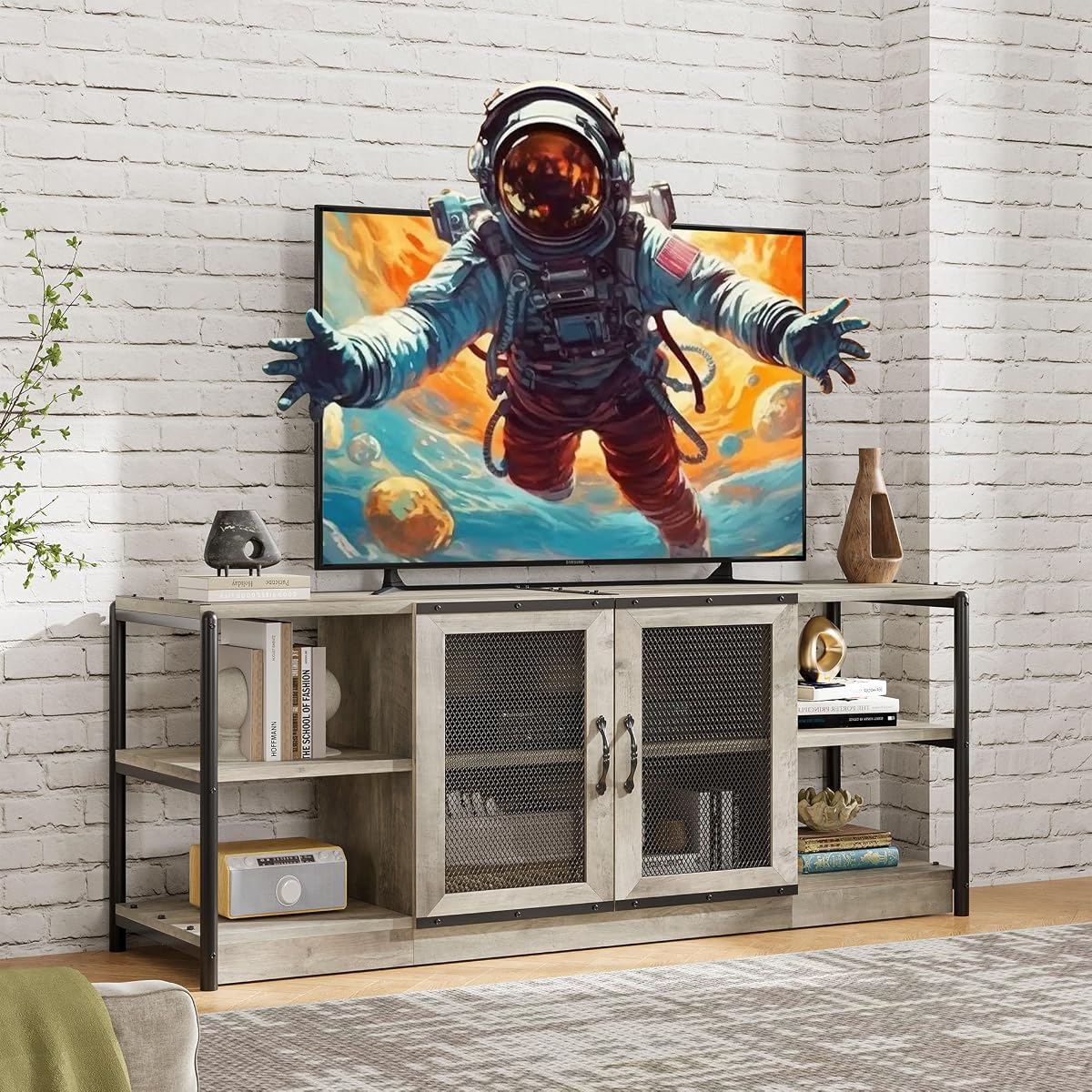 TV Stand for 65+ Inch TV, Industrial Entertainment Center TV Media Console Table, Farmhouse TV Stand with Storage, Mesh Door and Shelves, Gray TV Console Cabinet Furniture for Living Room