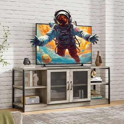 TV Stand for 65+ Inch TV, Industrial Entertainment Center TV Media Console Table, Farmhouse TV Stand with Storage, Mesh Door and Shelves, Gray TV Console Cabinet Furniture for Living Room