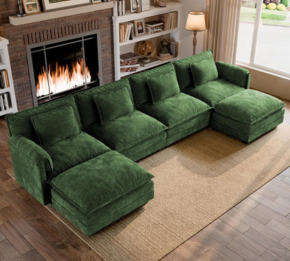 116" L Shaped Modular Sectional Cloud Couch with Pillow, Deep Seat Sofa Couches for Living Room, 4-Seat Modern Sofa with Movable Ottoman, Chenille (Green, U Shaped(4+2))