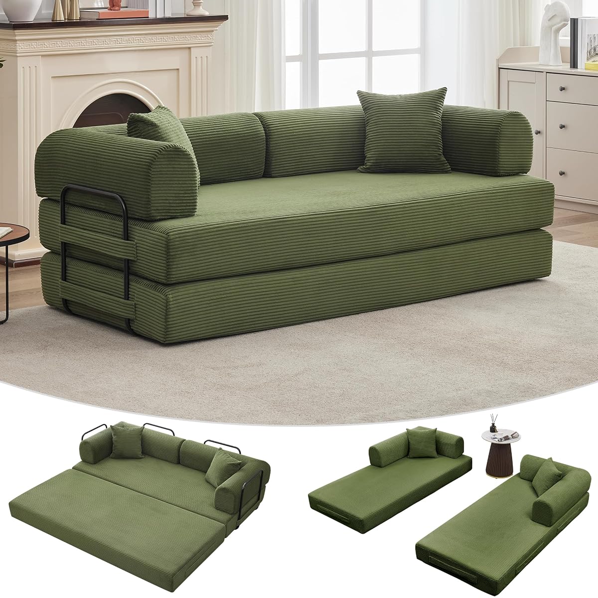 4 in 1 Convertible Sleeper Sofa Bed Couch, 79 Inch Boneless Corduroy Floor Couch with Pillows, No Assembly, Modern Deep Seat Sofa Futon Mattress for Living Room,Apartment,Green