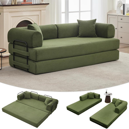 4 in 1 Convertible Sleeper Sofa Bed Couch, 79 Inch Boneless Corduroy Floor Couch with Pillows, No Assembly, Modern Deep Seat Sofa Futon Mattress for Living Room,Apartment,Green