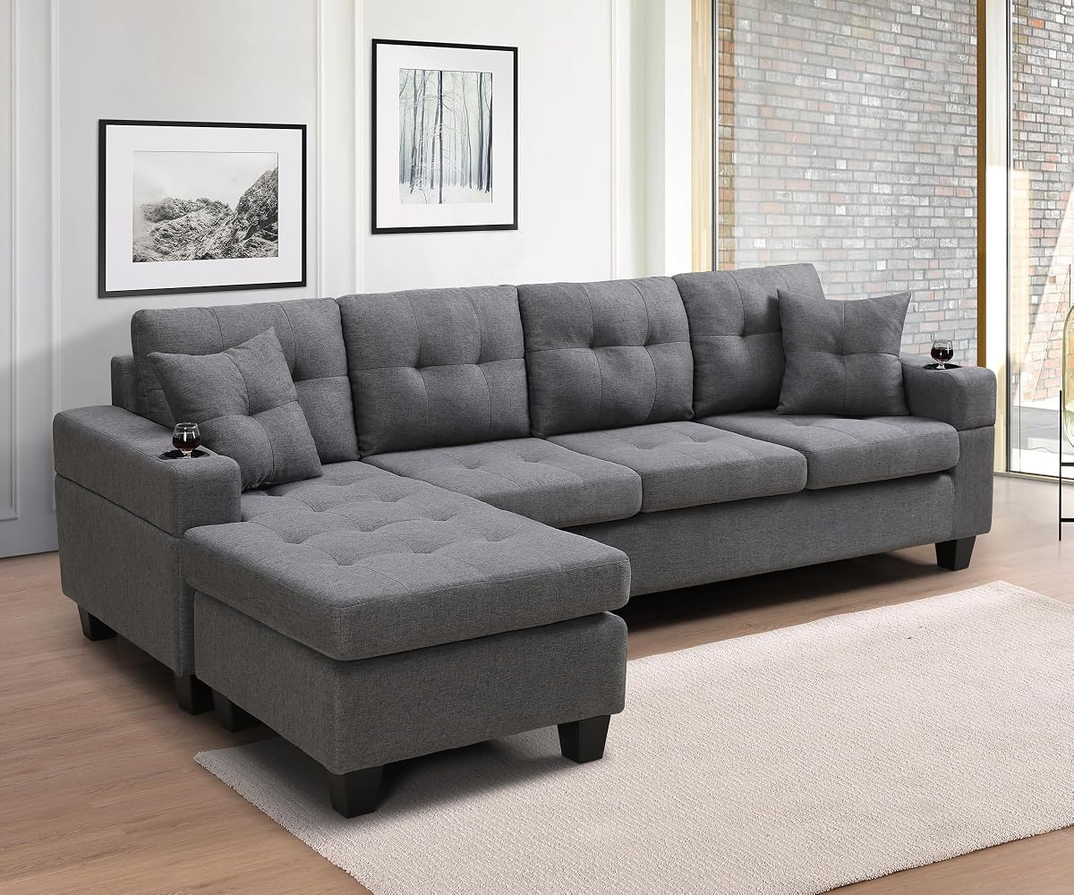 Sectional Sofa Couch, Modern 4-Seaters Living Room Furniture Sets with Reversible Chaise Lounge & 2 Pillows | L Shape Couch | Cup Holders | Linen Fabric, Gray