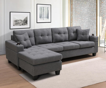 Sectional Sofa Couch, Modern 4-Seaters Living Room Furniture Sets with Reversible Chaise Lounge & 2 Pillows | L Shape Couch | Cup Holders | Linen Fabric, Gray