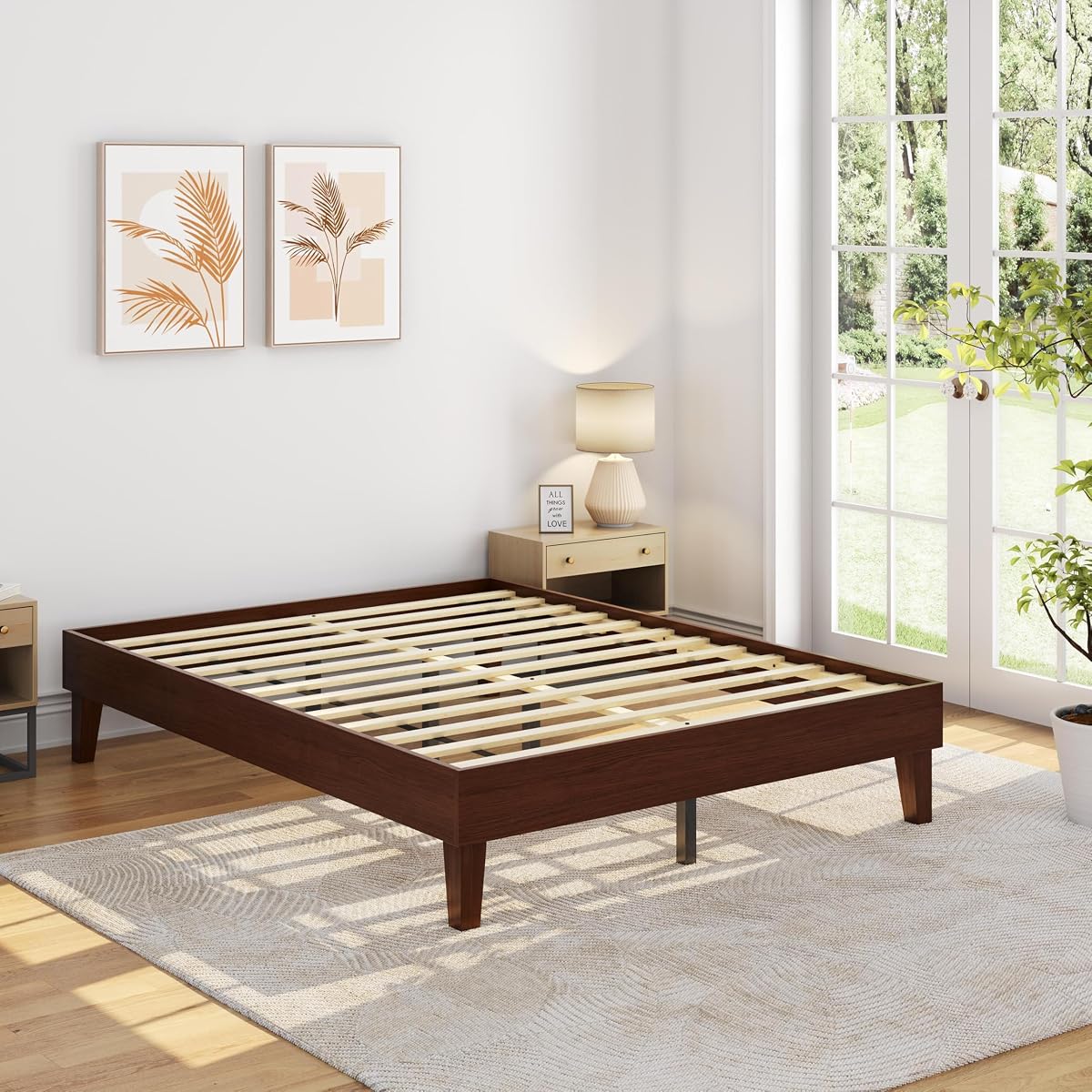 Queen Size Solid Wood Platform Bed Frame Low-Profile Dark Walnut