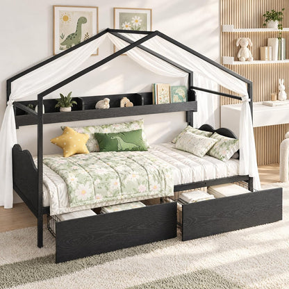 Twin House Bed Frame with 2 Drawers & Curved Headboard, Black