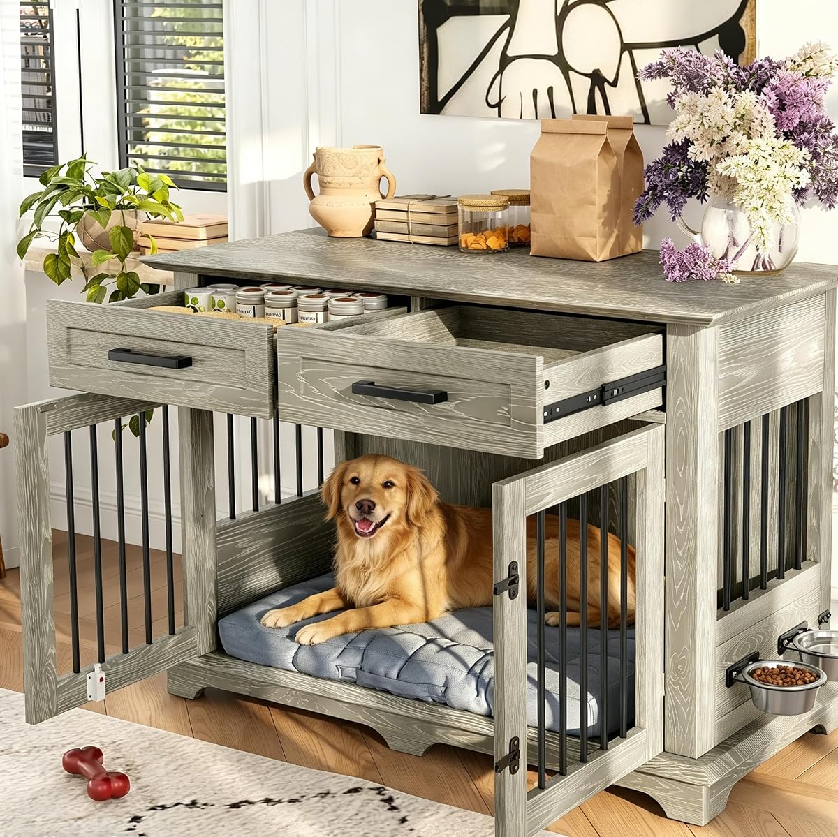 Wooden Dog Crate with Storage Drawers, 44" Medium Large Dog Kennel Furniture