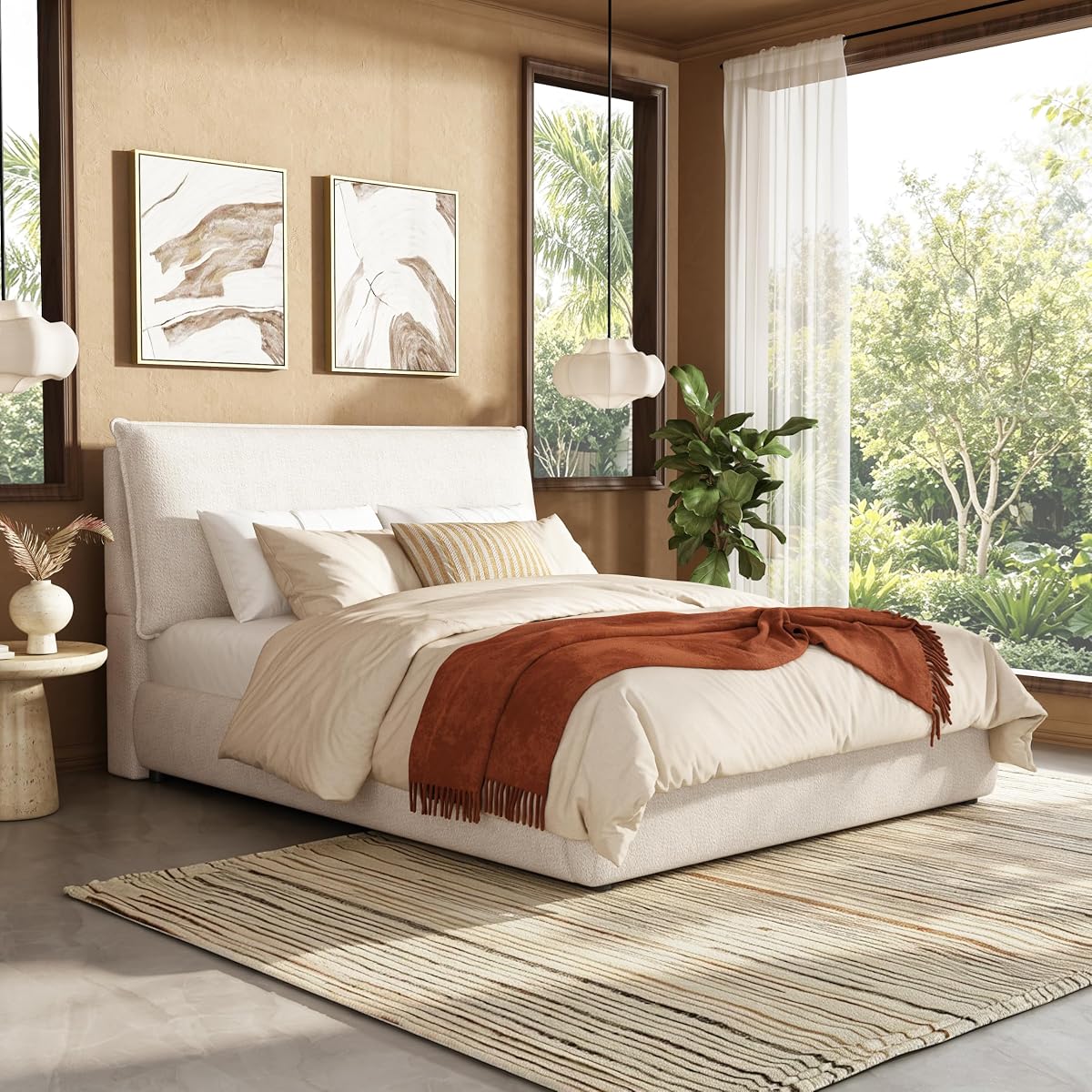 Chenille Upholstered Platform Bed with Oversized Pillow Headboard
