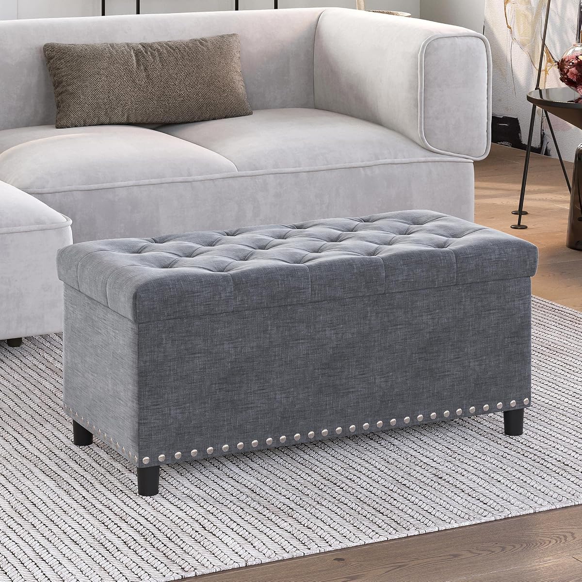 Storage Ottoman, Tufted Ottoman with Close Hinge, Foot Rest for Living Room (Gray, 31 inch)