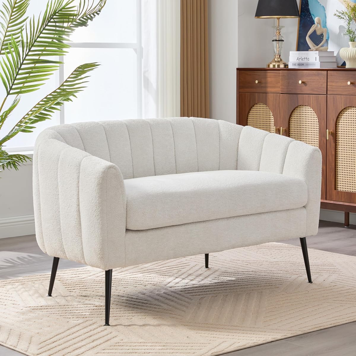 50'' Loveseat Sofa, Modern Sherpa Boucle 2-Seater Sofa with Metal Legs, Comfy Upholstered Small Accent Couch for Living Room Bedroom Office (White).