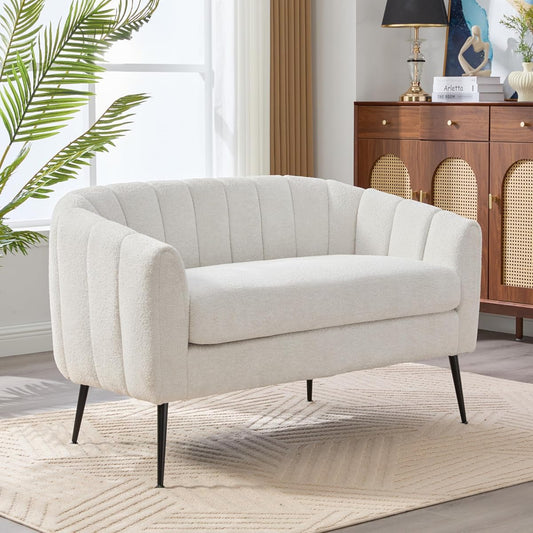50'' Loveseat Sofa, Modern Sherpa Boucle 2-Seater Sofa with Metal Legs, Comfy Upholstered Small Accent Couch for Living Room Bedroom Office (White).