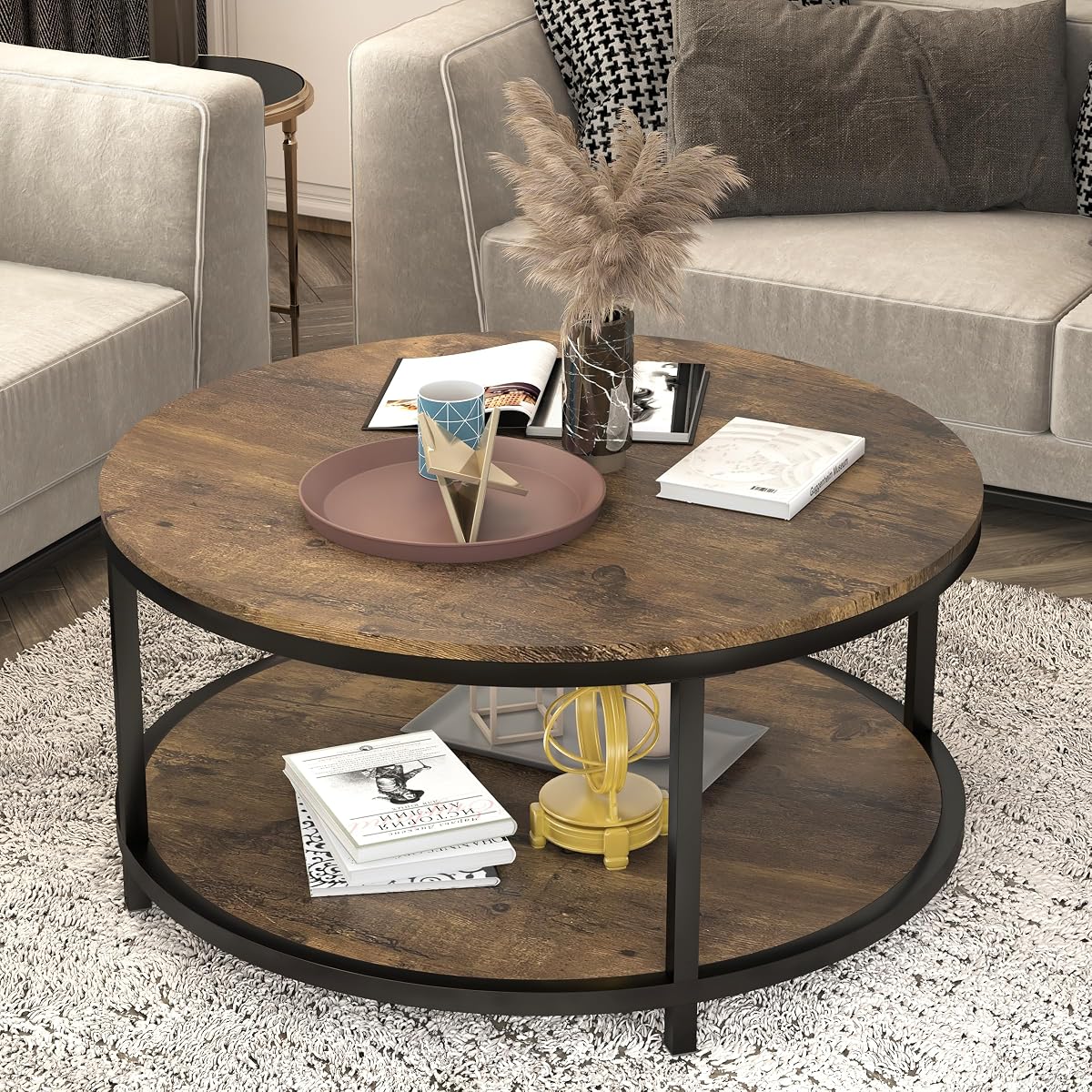 36 inches Round Coffee Table, Rustic Wooden Surface Top & Sturdy Metal Legs Industrial Sofa Table for Living Room Modern Design Home Furniture with Storage Open Shelf (Brown)