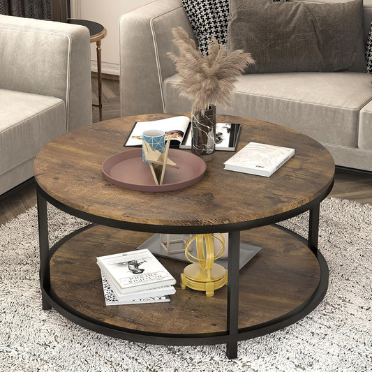 36 inches Round Coffee Table, Rustic Wooden Surface Top & Sturdy Metal Legs Industrial Sofa Table for Living Room Modern Design Home Furniture with Storage Open Shelf (Brown)