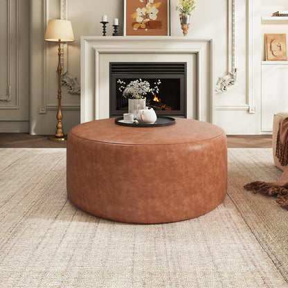 GAVI PU Leather Ottoman Foot Stool, 30" Pouf Footstool Ottoman Seat, Upholstered Foot Chair, Round Footrest, Modern Side Table for Living Room Bedroom Home Decor, Cognac Brown