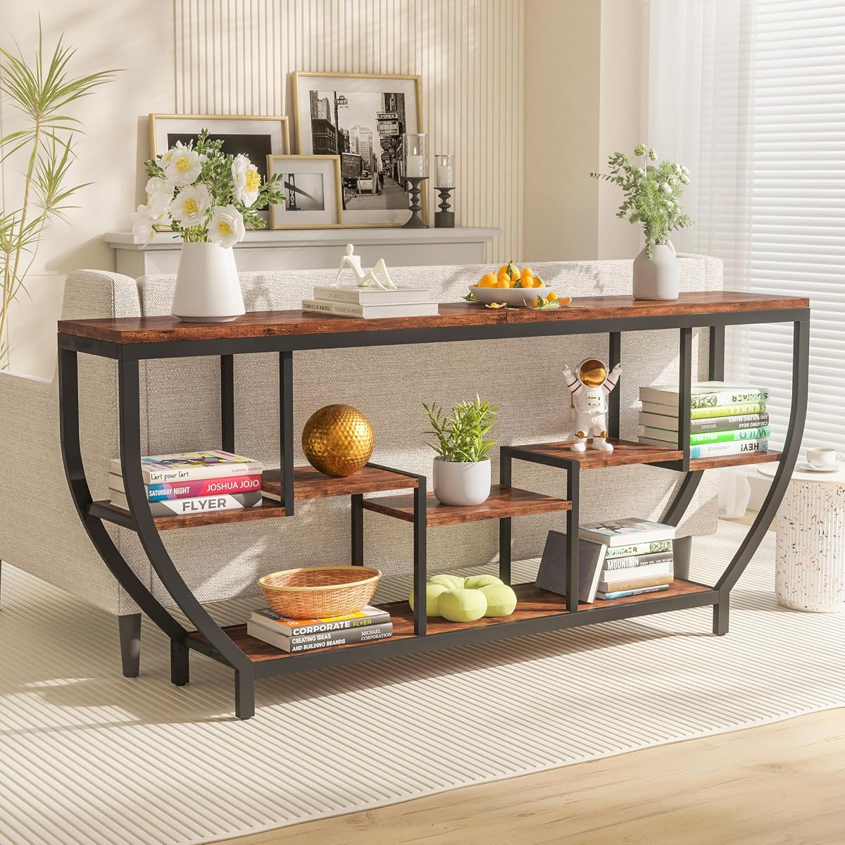 70.86" Extra Long Console Table Sofa Table & Storage Shelves Entryway Table Industrial TV Stand, Metal Frame Behind Couch Table for Foyer, Hallway, Entrance (Brown)
