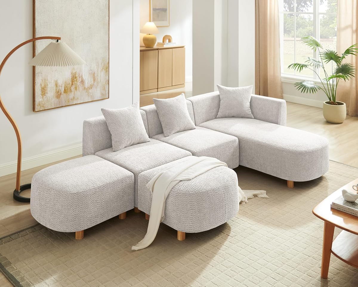 109.84" Modular Sectional Sofa with 3 Pillows, Convertible 5-Seater Comfy Boucle Cloud Couch with Ottoman, Modern Sectional Sofas for Living Room, Office, Apartment (Camel)