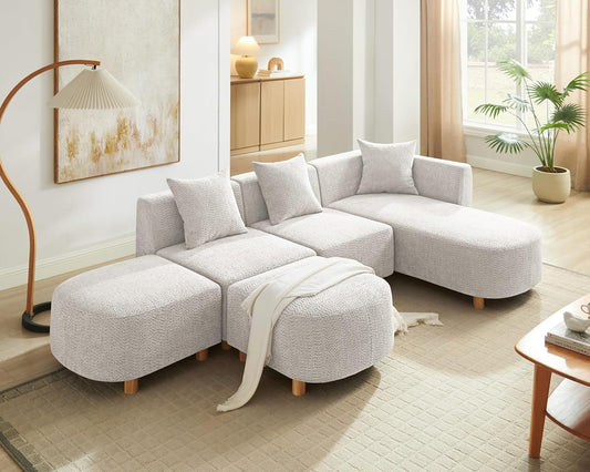 109.84" Modular Sectional Sofa with 3 Pillows, Convertible 5-Seater Comfy Boucle Cloud Couch with Ottoman, Modern Sectional Sofas for Living Room, Office, Apartment (Camel)