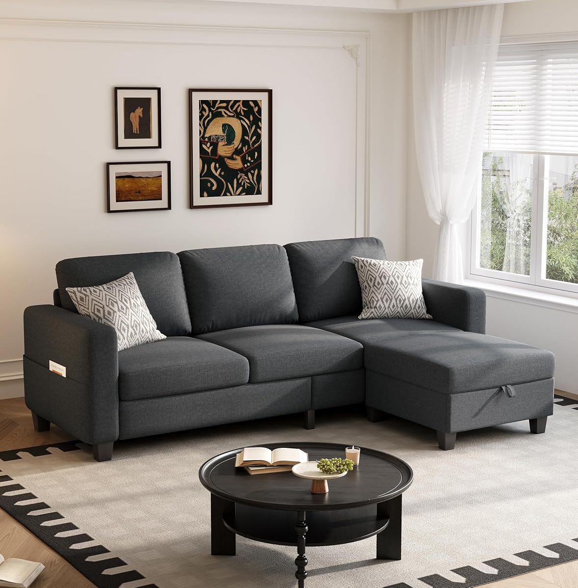 78" Sectional Sofa Couches for Living Room, 3 Seat L Shaped Convertible Couch with Storage Ottoman, Comfortable Pet-Friendly Linen Sofa Set for Small Space, Apartment, Office, Dark Grey