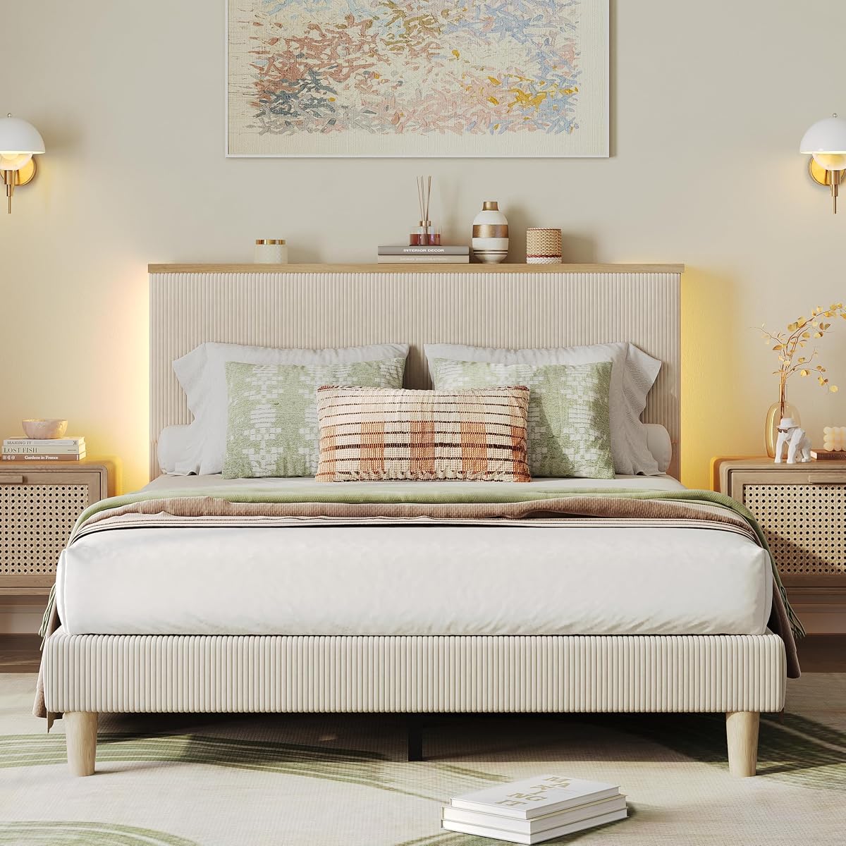 Queen Beige Upholstered Bed Frame with Storage
