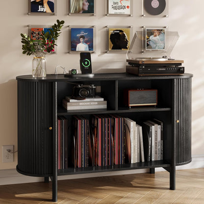 43"W Record Player Stand with Power Outlets, Vinyl Storage Cabinet, Black