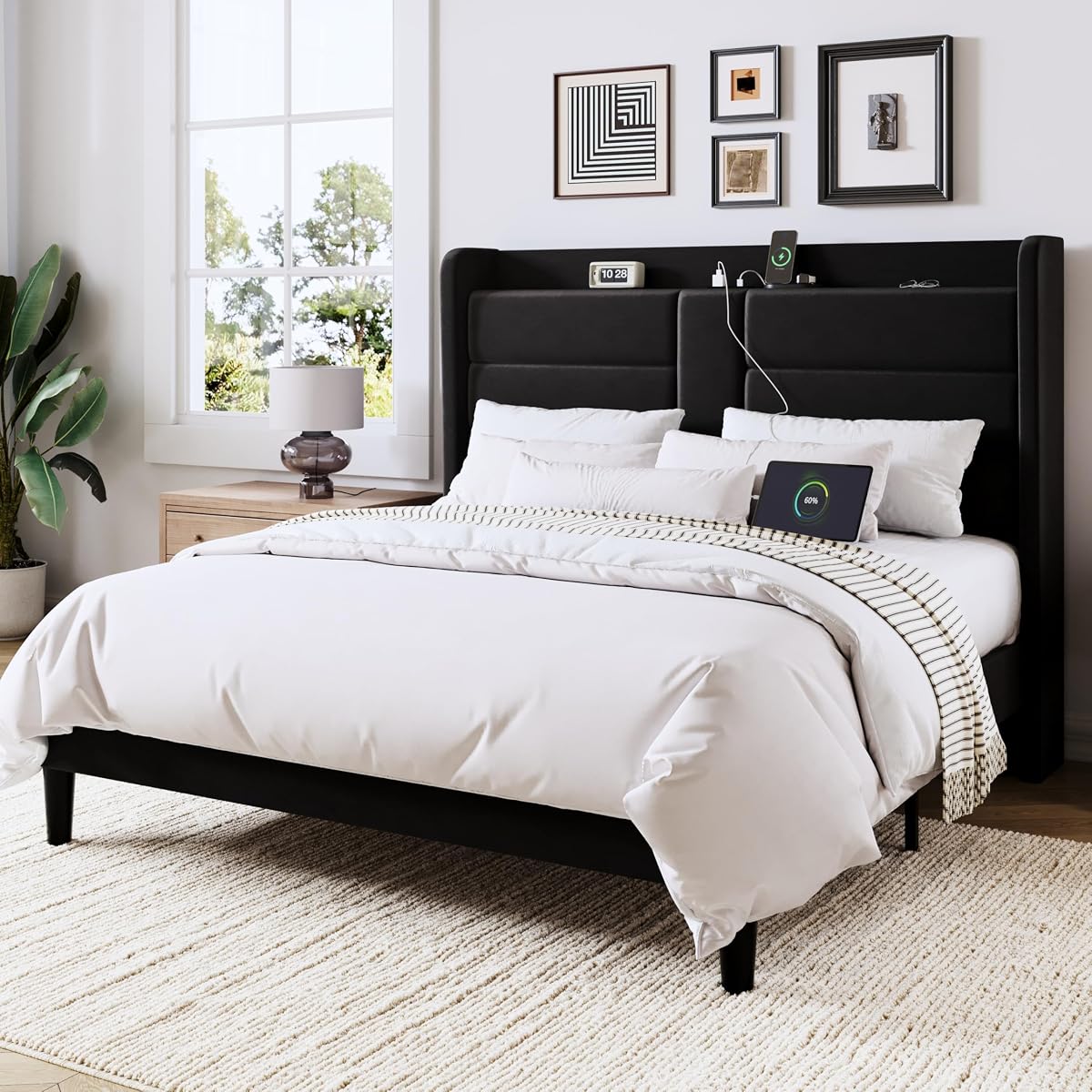 Queen Size Platform Bed Frame with Charging Station & Storage Headboard