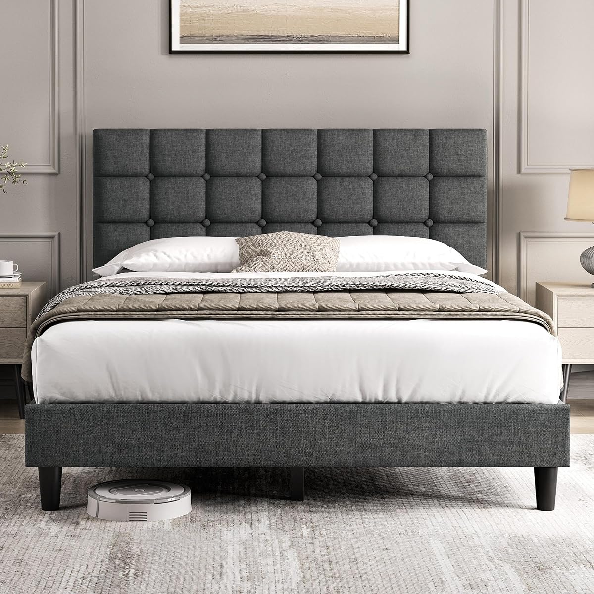 Yaheetech Queen Size Upholstered Tufted Bed Frame with Headboard