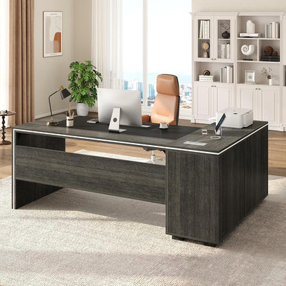71" Executive Desk with Storage Cabinet, Modern L-Shaped Office Desk with Bookshelf, Storage Shelves, CPU Stand & Cable Management, Large Computer Workstation for Home Office (Gray)