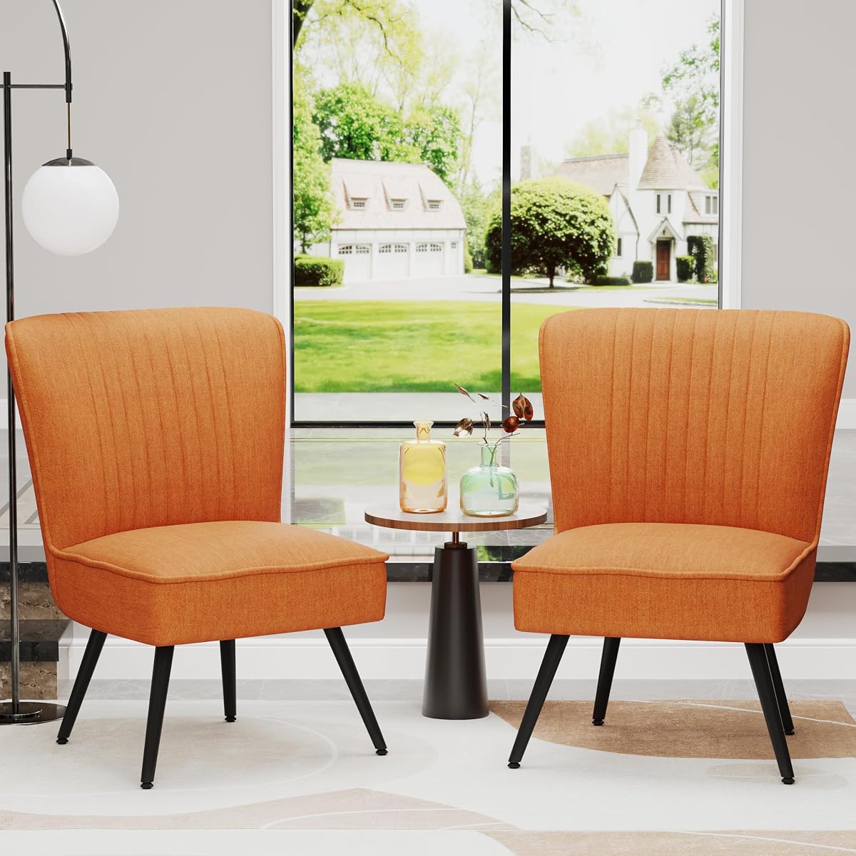 Orange Accent Chair Set of 2 Upholstered Living Room Chairs Modern Bedroom Furniture Sets Armless Slipper Club Chair Guest Reception Couch Comfy Wingback Single Sofa