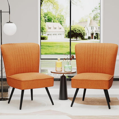 Orange Accent Chair Set of 2 Upholstered Living Room Chairs Modern Bedroom Furniture Sets Armless Slipper Club Chair Guest Reception Couch Comfy Wingback Single Sofa