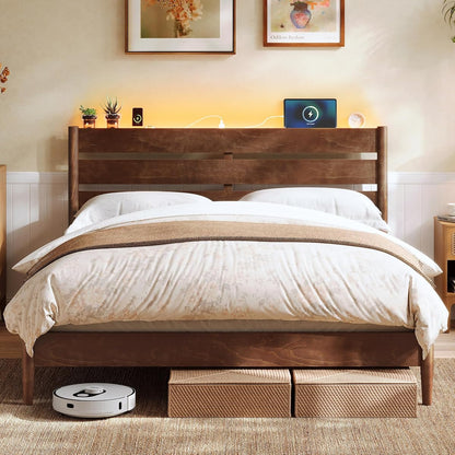 Queen Bed Frame, Wood Platform Bed with Headboard Storage Shelf