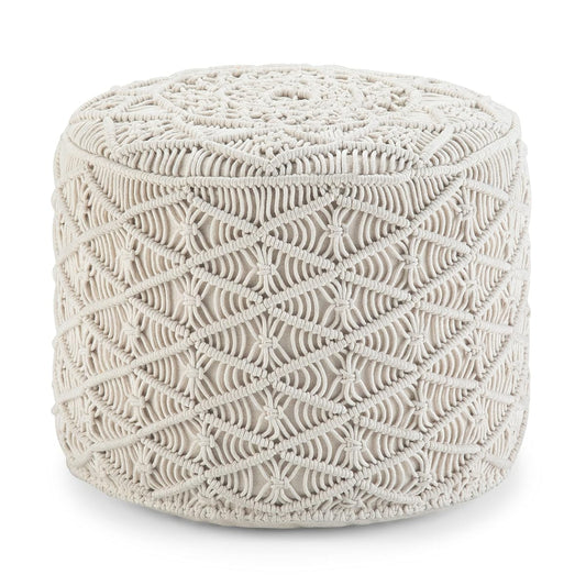 Coates Round Pouf - 18 inch Wide Handwoven Cotton Macrame Ottoman in Cream, Boho Footstool, Decorative Pouf or Extra Seating for Living Room, Bedroom, or Kids Room, Assembled