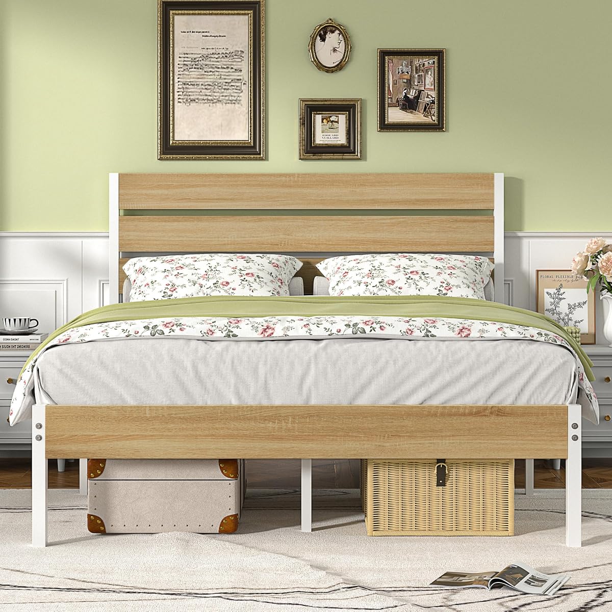 Queen Size Bed Frame, Heavy-Duty Metal Platform with Wood Headboard