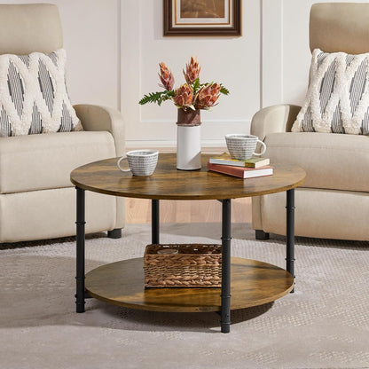 Round Coffee Table with Storage Shelf, 2-Tier 31.5" Rustic Brown