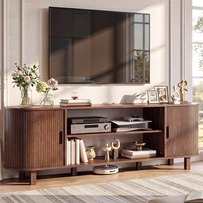 70" Mid Century TV Stand with Fluted Sliding Doors, Walnut