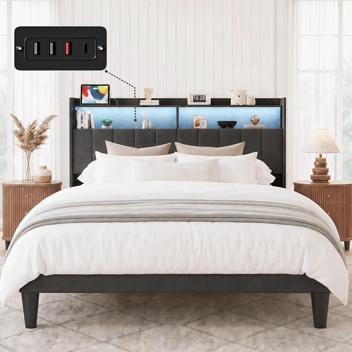Upholstered Queen Size Bed Frame with Headboard, LED & USB Ports