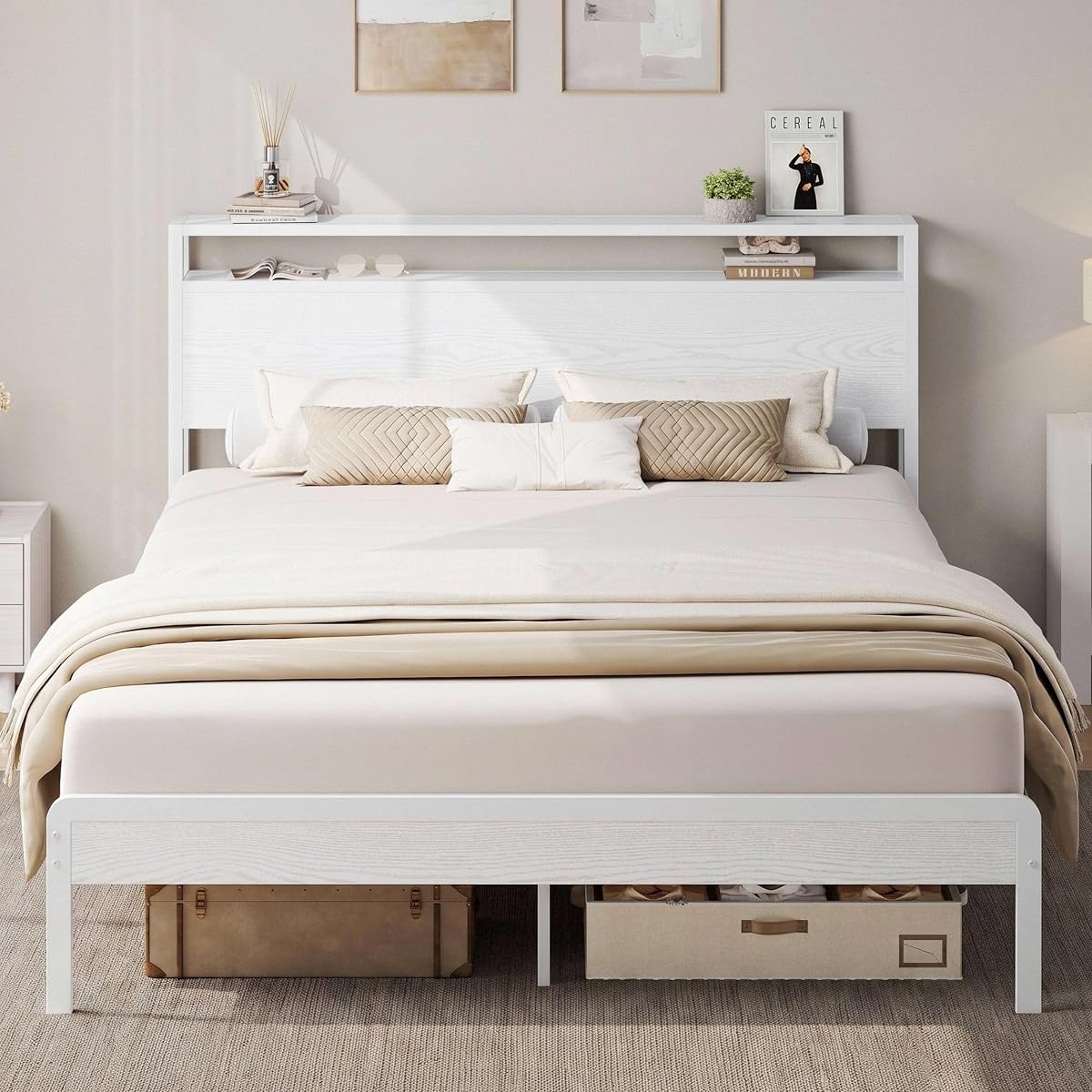 Queen Bed Frame with 2-Tier Storage Shelf Headboard