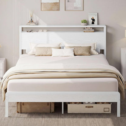 Queen Bed Frame with 2-Tier Storage Shelf Headboard