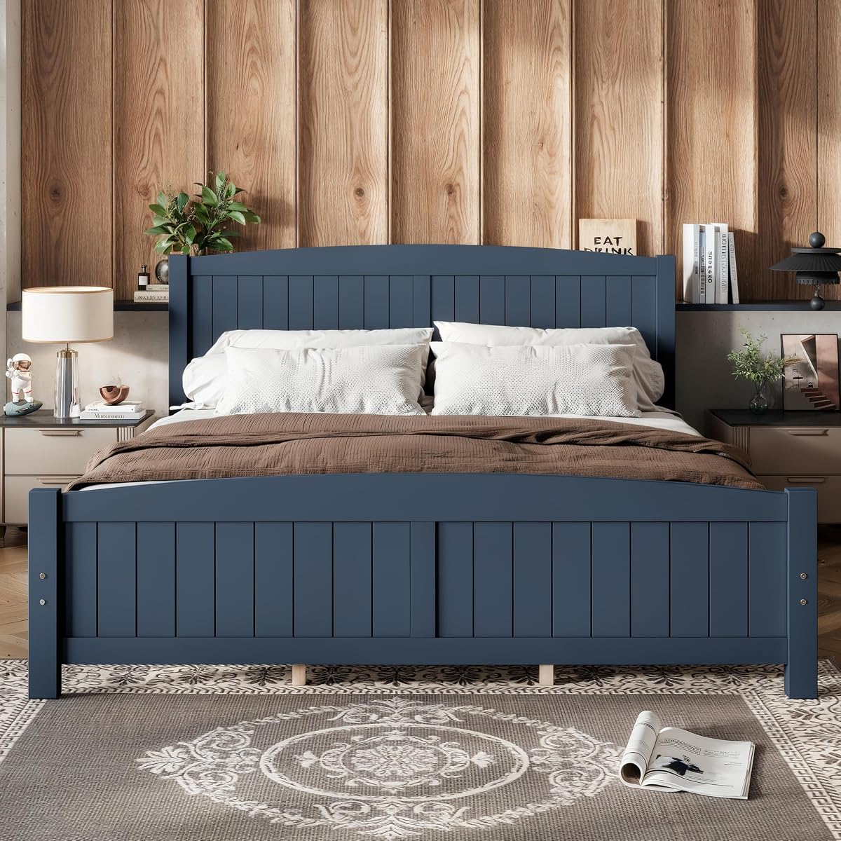 King Size Farmhouse Bed Frame with Headboard & Footboard, Blue Wood Bed