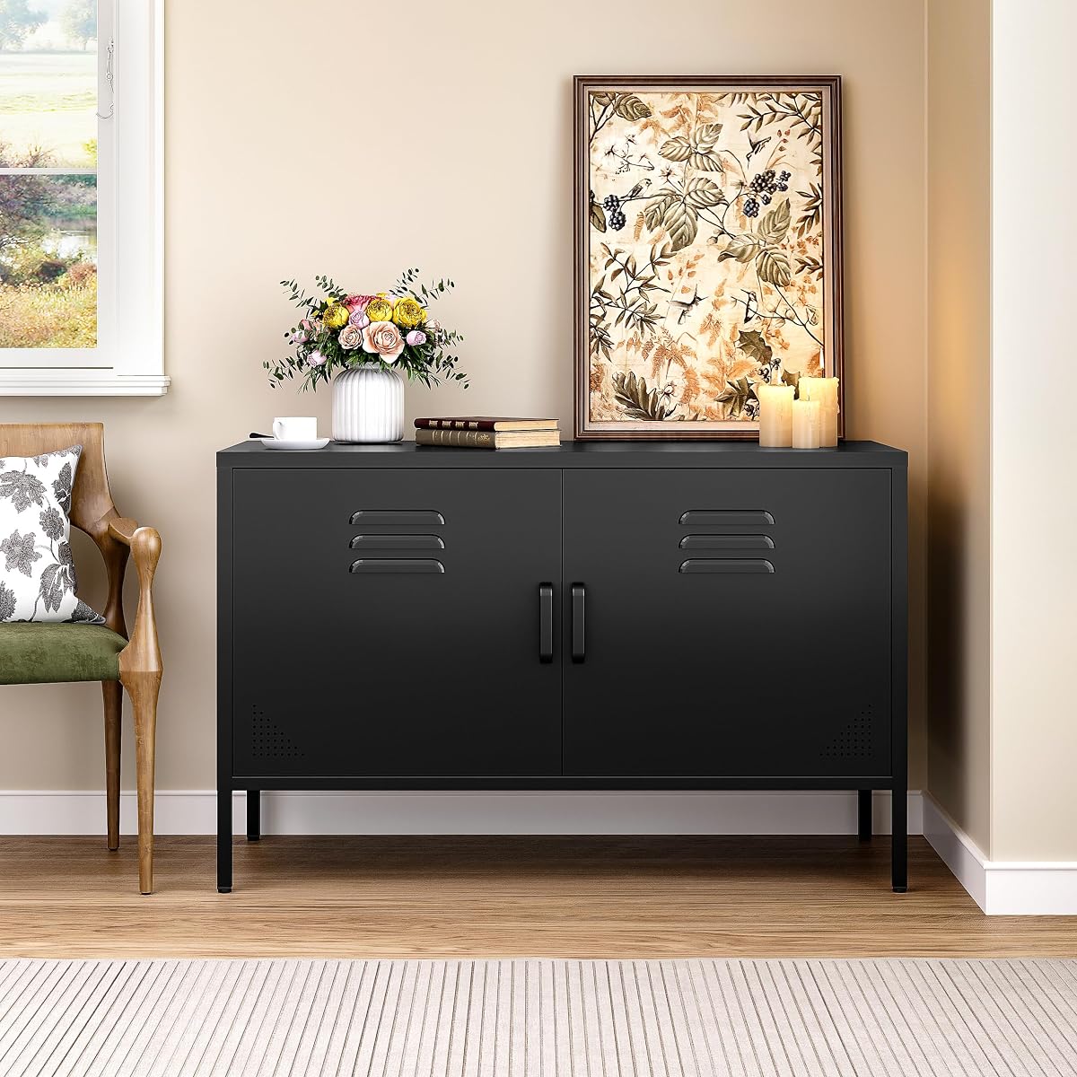 Black Metal Storage Cabinet with Doors and Shelves