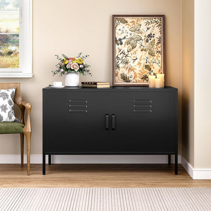Black Metal Storage Cabinet with Doors and Shelves