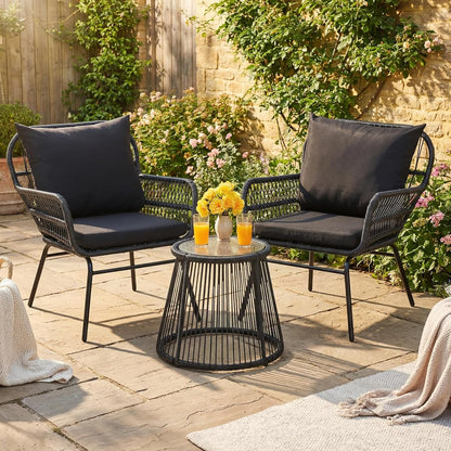 3-Piece Outdoor Patio Furniture Set - 20" Wide Seating w/ 2" Thick Cushions, 14.2" Seat Height - Modern Boho Furniture for Gardens, Balcony & Apartments