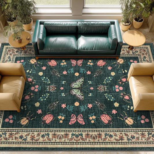 Dark Green Area Rugs 8x10 for Living Room Vintage Rustic Rug for Hardwood Floor Protector Non Slip Washable Insect Colorful Butterfly Floral Green Background 8x10 Carpet for Bedroom Dining Room