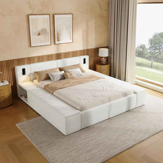 Queen Size Teddy Fleece Platform Bed, Hidden Storage & Built-In Nightstands